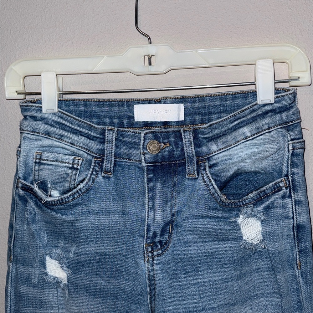 Vervet Denim Distressed Flare Jeans with Raw Hem - Picture 6 of 15